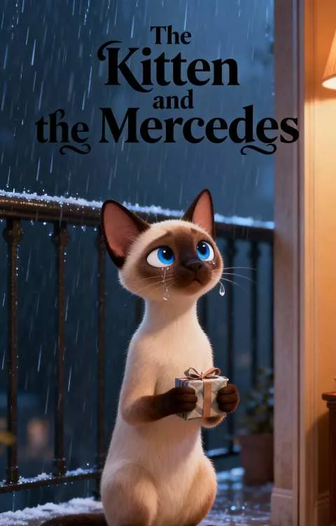 A Siamese kitten with a steaming mug on a rainy street