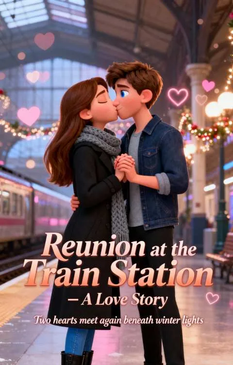 A couple reuniting on a lamplit train platform